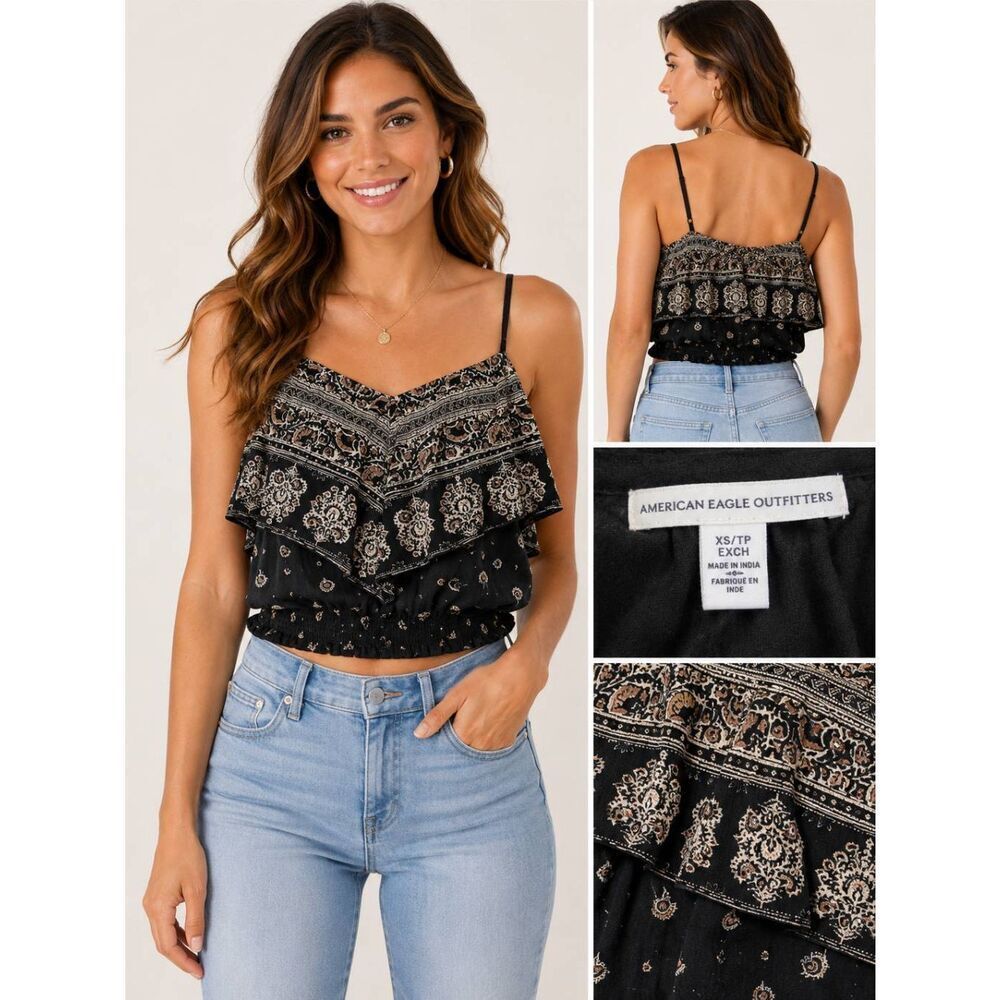 American Eagle Black Boho Ruffle Crop Top XS